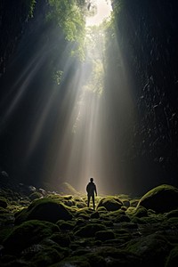 Person standing in front of a cave nature light adventure. AI generated Image by rawpixel.