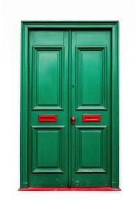 Red painted door green white background architecture.