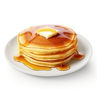 Pancakes with syrup and butter on a white plate dessert food white background. 