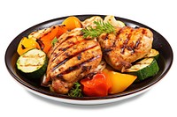 Plate of grilled chicken vegetable dinner food. 