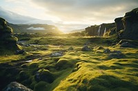 A field of green moss in Iceland nature landscape panoramic. AI generated Image by rawpixel.