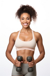 A woman in an exercise pose with two dumbbells athlete sports smile. 