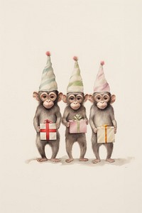 Happy 3 Chinese Monkeys holding a giftboxs monkey portrait drawing. AI generated Image by rawpixel.