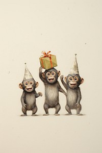 Happy 3 Chinese Monkeys holding a giftboxs monkey art drawing. AI generated Image by rawpixel.