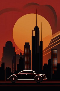 Vintage car architecture silhouette cityscape. 