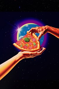 A hand holding a slice of pizza advertisement glowing science. 