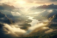 Norwegian mountainscape is cloaked in clouds and mist landscape sunlight outdoors. AI generated Image by rawpixel.