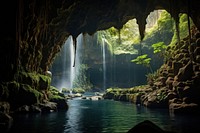The majestic waterfall cascades through the cave entrance outdoors nature plant. AI generated Image by rawpixel.