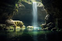The waterfall gracefully flows through the cavern entrance landscape nature outdoors. AI generated Image by rawpixel.