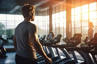 A man exercising in fitness gym for good health treadmill sports adult. 