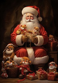 A christmas painting of santa claus holding several dolls standing in front of the fireplace toy representation gingerbread. AI generated Image by rawpixel.