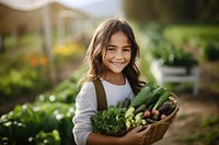 A happy female farmer holding vegetables gardening outdoors organic. 