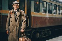 An elder standing waiting for the train overcoat vehicle luggage. 