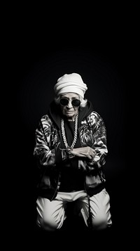 An old woman wearing rapper costume photography portrait black. 