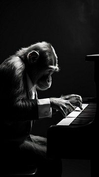 A monkey wearing taxedo playing piano photography musician pianist. 