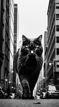 A giant cat walking in the city architecture mammal animal. AI generated Image by rawpixel.