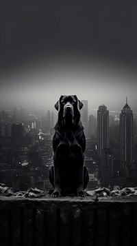 A giant dog attack the city architecture silhouette cityscape. 