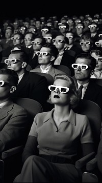 Vintage people watching movie in the cinema wearing 3d black lens glasses photography portrait adult. 