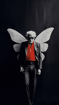 An old man wearing butterfly costume photography portrait glasses. 