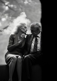 A woman smoking sitting next to an elder man smoking cigarrette in the park photography portrait adult. AI generated Image by rawpixel.