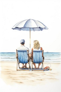 Couple sitting beach furniture vacation. 