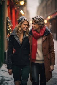 Lgbt couple walking jacket scarf. 