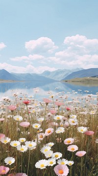 Meadow filled with wildflowers lake landscape outdoors. 