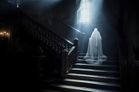 A ghost standing on the stair in the black old mansion and have a light shine to a ghost architecture staircase building. AI generated Image by rawpixel.