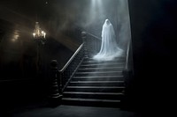 A ghost standing on the stair in the black old mansion and have a light shine to a ghost architecture staircase building. 