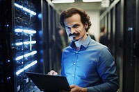 A man with moustache wearing blue shirt carry a laptop as a software engineer computer adult electronics. AI generated Image by rawpixel.