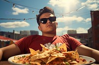 Mexican slightly plump teenage food sunglasses portrait. 