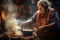 Native Peruvian grandmother cooking adult food. 