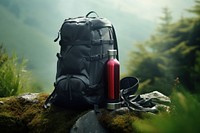 Vacuum flask backpack mountain landscape. AI generated Image by rawpixel.