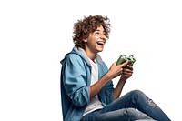 Teenager sitting on bean bag chair laughing holding happy. AI generated Image by rawpixel.