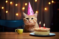 Cat wearing birthday hat party cake dessert. 