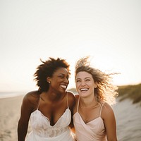 Wedding laughing outdoors beach. AI generated Image by rawpixel.