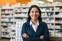 Indian female pharmacy smiling adult store. 