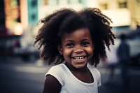 Black little girl smile outdoors street. AI generated Image by rawpixel.