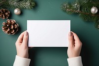 Hands holding blank card with Christmas elements christmas paper plant. 