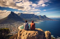 Two travelers sitting nature cliff landscape. AI generated Image by rawpixel.