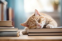 Books on desk publication sleeping animal. 