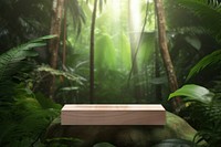 Product presentation with a wooden podium forest outdoors woodland. 