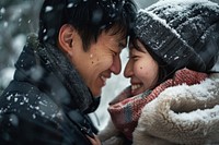 Happy taiwanese couple snow portrait photo. AI generated Image by rawpixel.