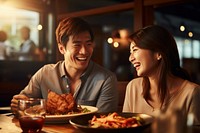 Korean couple restaurant laughing eating. AI generated Image by rawpixel.
