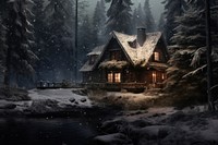 Cabin in snowy forest spooky tranquility architecture building house. AI generated Image by rawpixel.