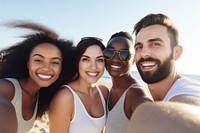 Group of friends taking selfie on sunny beach laughing smile adult. AI generated Image by rawpixel.