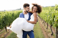 Happy groom piggybacking bride in vineyard outdoors wedding nature. AI generated Image by rawpixel.