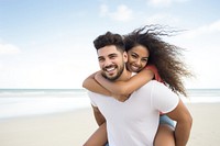 Hispanic Young Couple On Beach Summer Vacation Happy Smiling Man Carry Woman Back Seaside laughing vacation smiling. AI generated Image by rawpixel.