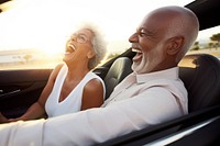 Hispanic Older couple laughing in convertible togetherness accessories windshield. AI generated Image by rawpixel.