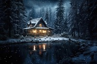 Illuminated cabin in snowy forest spooky tranquility architecture illuminated building. 